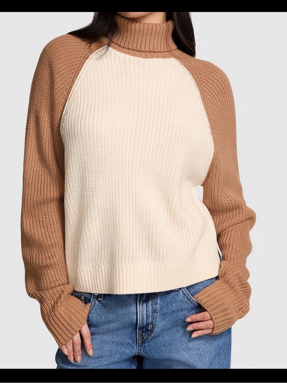 🦋 PINK Victoria's Secret Cream & Caramel Varsity knit chunky Turtleneck Sweater